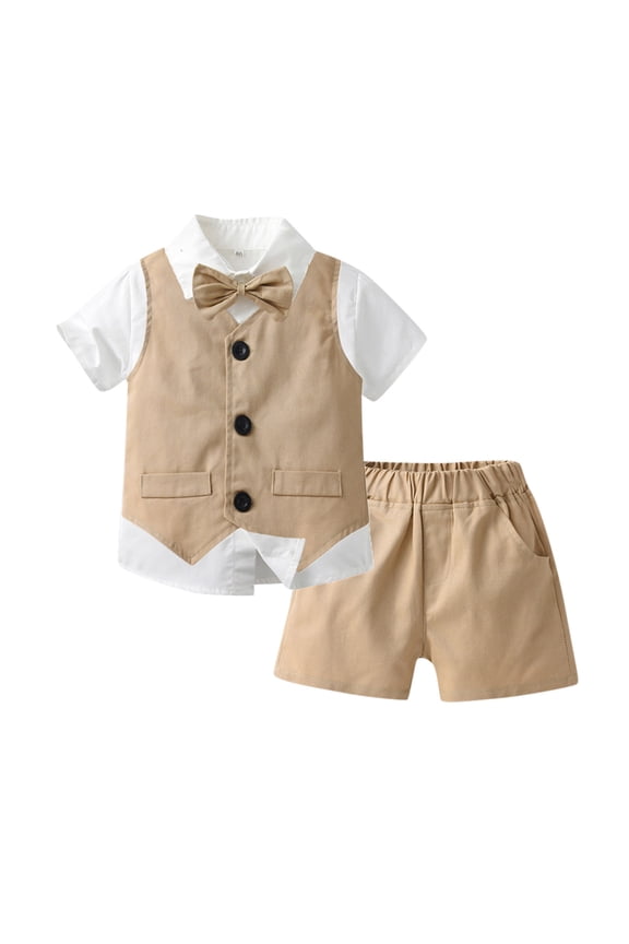 Toddler Suit Baby Boy Dress Shirt Boys Suits Formal Dress Shirt with Bowtie+Suspender Pants Boy Gentleman Outfits Set Khaki,4-5 Years