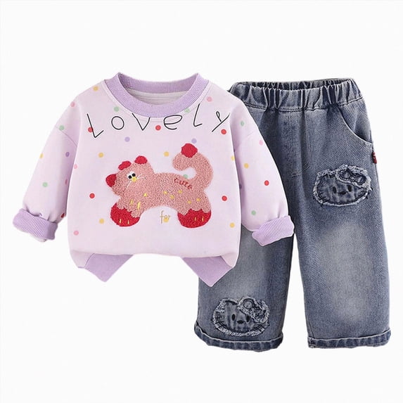 Qopobobo Tween Girl Pant Set Toddler Girl Clothes 2 Piece Outfits Girls Tracksuit Activewear Long Sleeve Crewneck Sweatshirts and Sweatpants Casual Fall Winter Set 6-12 Months(Purple, 6-12 Months)