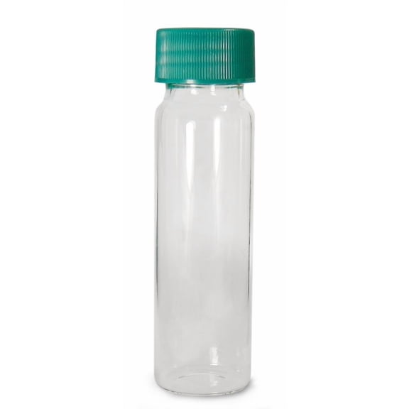 Qorpak GLC-01006 Borosilicate Glass 6 Drams Screw Thread Sample Vial, with 24-400 Neck Finish, Clear, Green Thermoset F217 and PTFE Lined Cap attached (Case of 72) J101