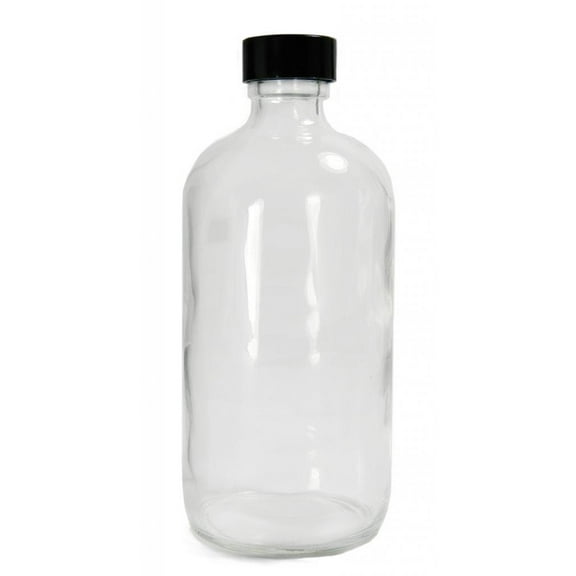 Qorpak GLC-01228 Clear Glass Boston Round Bottle with 33-400 Black Phenolic Polyseal Cone Lined Cap, 94mm OD x 210mm Height, 32oz Capacity (Case of 12) CA2
