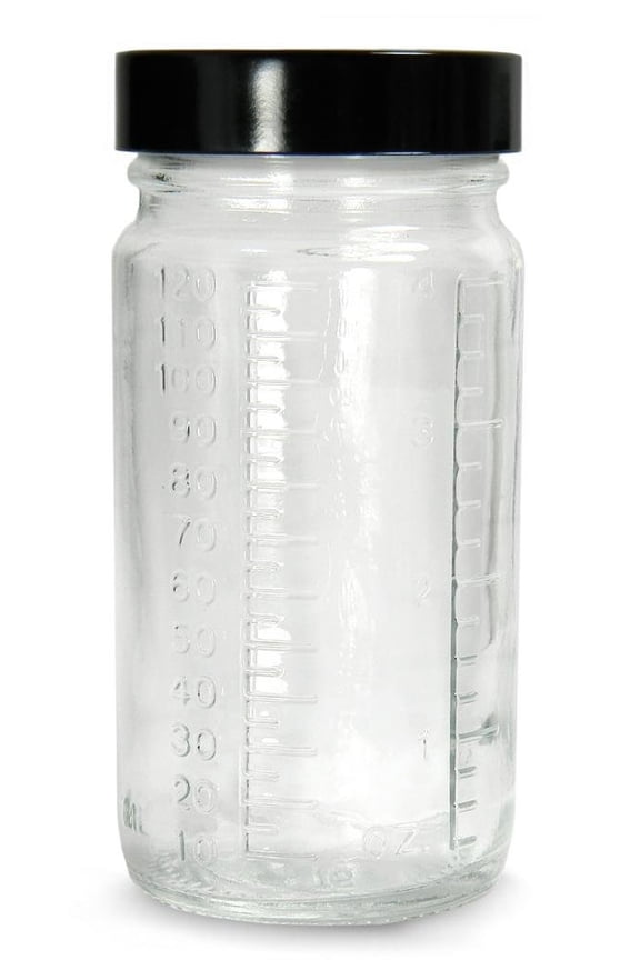 GLC-01493 Clear Glass Graduated Medium Round Bottle with 38-400 Black Phenolic Pulp/Vinyl Lined Cap, 42mm OD x 83mm Height, 2oz Capacity (Case of 48) CA3