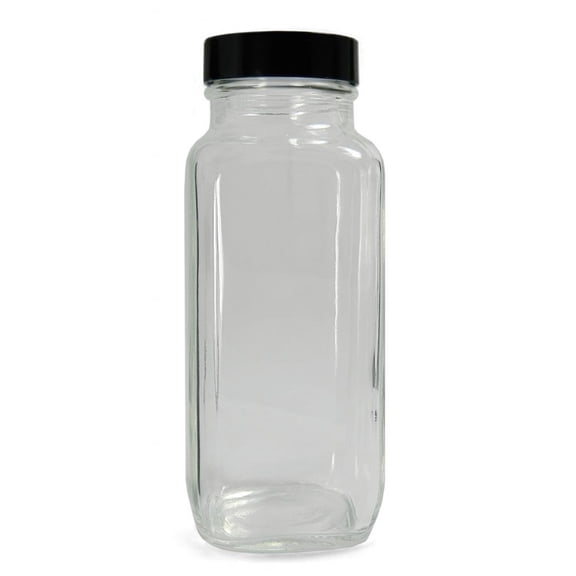 Qorpak GLC-05003 Clear Glass French Square Bottle with 58-400 Black Polypropylene Cap and PTFE Disc, Attached 83mm OD x 202mm Height, 32oz Capacity (Case of 24) CA3