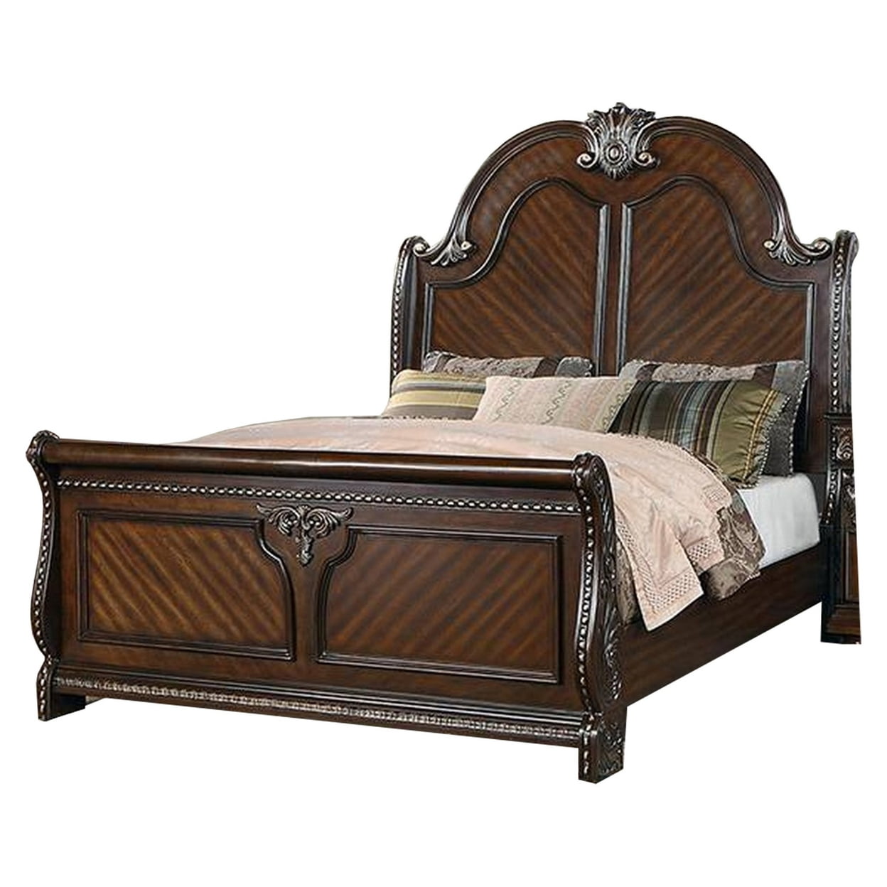 Qoz Dark Walnut Wood Queen Bed with Carved Scalloped Headboard