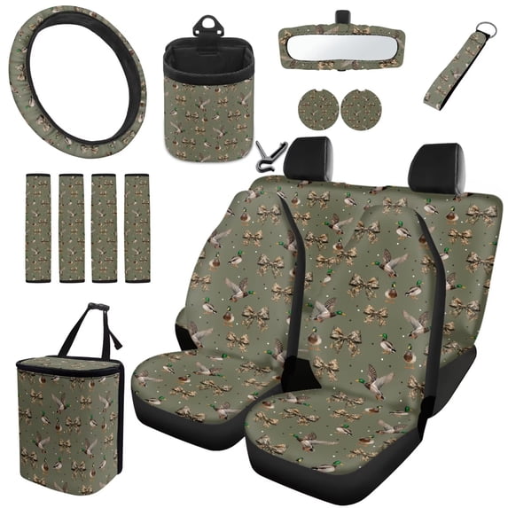 Qpednta 15Pcs Dark Camo Bow Seat Covers Set with Steering Wheel Cover, Includes Seat Belt Pads, Trash Can, Air Vent Pouch, Rear View Mirror Cover, Coasters, Keychain, Universal Fit, Accessories