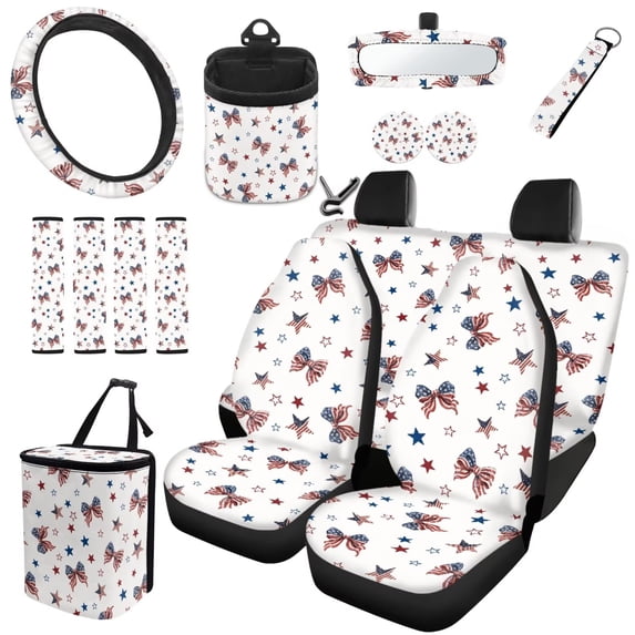 Qpednta 15Pcs Patriotic Bow Car Seat Covers Full Set Universal, Automotive Protector Set with Steering Wheel Cover, Seat Belt Cover, Trash Bin, Coasters, Air Vent Pouch, Universal for Sedans Suvs
