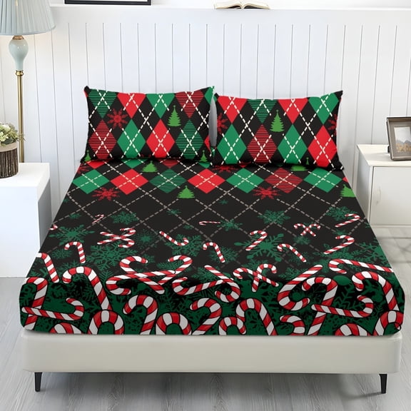 Qpednta Argyle Xmas Fitted Sheet Set, 3 Pieces Fitted Sheet Set with 2 Pillowcases, Deep Pocket Bed Sheets for Apartment Dorm Bedroom