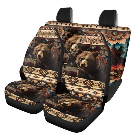 Qpednta Aztec Bear Car Seat Covers 4 Pcs, Front Seat Protector Carseat Rear Split Bench Cover Universal , Automobile Interior Decorate Accessories Fit for Car SUV Trucks