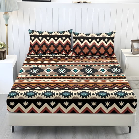 Qpednta Aztec Geometric Sheets Set 3 Pieces Fitted Sheet Set with 2 Pillowcases Wrinkle Resistant Bedding Set Soft Breathable Fitted Sheet Washable Bed Sheets for Bedroom Decor