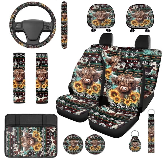 Qpednta Aztec Highland Cow Sunflower 14 Pack Auto Seat Covers with Car Steering Wheel Accessories and Seat Belt Pads Cars Headrest Cover Keychain Soft Decorative Universal Fit Cars,SUVs
