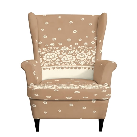 Qpednta Beige Floral Wingback Chair Covers Non Slip Stretch Sofa Covers 2 Pieces Wing Chair Slipcover with Separate Cushion Spandex Anti-Scratch Armchair Cover for Vacation Home