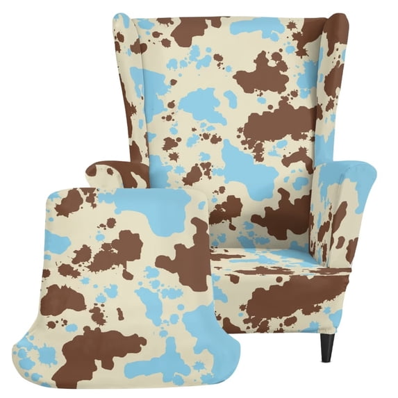 Qpednta Blue Cow Print Wingback Chair Slipcovers, 2 Pieces Wingback Armchair Slipcover, Anti‑Scratch Removable Wingback Chair Slipcover for Vacation Home