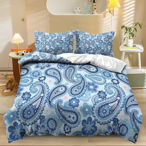 Qpednta Blue Paisley Duvet Cover Set All-Season Bedding Comforter Set Lightweight Comforter Cover 3-Piece Comforter Bedding Set for Apartment & College Dorm Decor