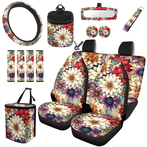 Qpednta Boho Flowers Car Seat Covers Set 15Pcs with Trash Can, Full Set Includes Steering Wheel Cover, Auto Seat Belt Cover, Garbage Bin, Cup Coasters, Storage Organizer, Universal Fit