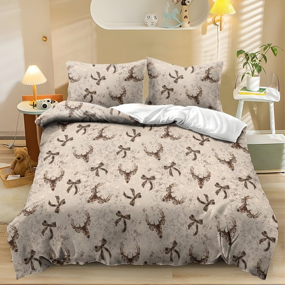 Qpednta Bow Deer Comforter Set, Bedding Comforter Set, 3‑Piece Comforter Bedding Set with 1 Comforter and 2 Pillowcases, Breathable Microfiber for Bedroom Dorm Apartment