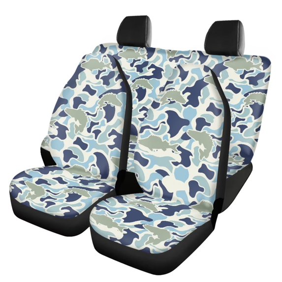 Qpednta Car Seat Covers Sets Fish Camo Blue Front Seats and Rear Bench Cover Protector Easy to Install Breathable Seat Cover Easy to Install Accessories Auto Trucks Van SUV