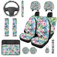 thumbnail image 1 of Qpednta Colorful Flowers 14 Pack Auto Seat Cover Sets with Cars Headrest Cover Center Console Cover Car Steering Wheel Cover and Seat Belt Pads Cars Water Cup Coaster Elastic for Car SUV, 1 of 6