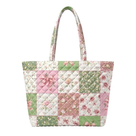 Qpednta Country Patchwork Quilted Tote Bag Fade Resistant Laptop Tote Bag with Zipper Soft Polyester Large Quilted Shoulder Tote Bag for Work Holiday Trips Daily Use