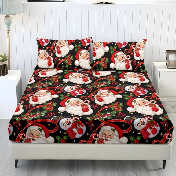 Qpednta Cute Santa Claus Sheets Set, 3 Piece Sheet Set with 1 Fitted Sheet and 2 Pillowcases, Easy Care Bedding Cover Set for Dorm Apartment