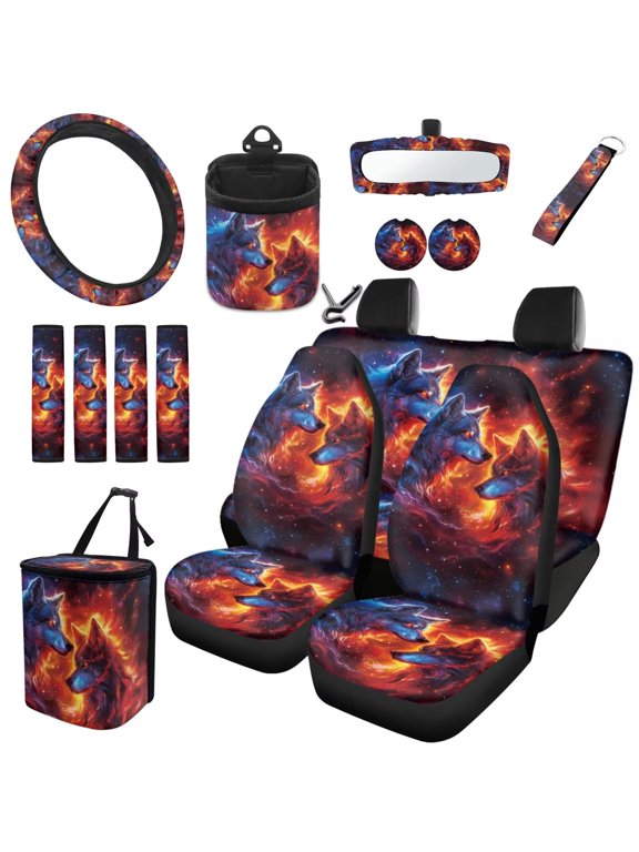 Fire Wolf Car Seat Covers Full Set 15Pcs Auto Interior Includes Steering Wheel Cover, Seat Belt Covers, Auto Trash Can, Cup Coasters, Car Vent Storage, Universal Fit, Car Decor