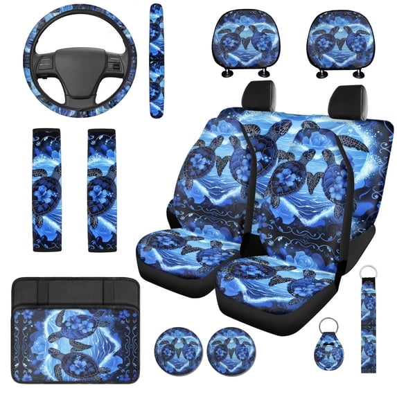 Qpednta Flower Turtle 14 Pieces Auto Seat Covers Full Set Cars Headrest Coverand Steering Wheel Cover Car Armrest Cover Seat Belt Pads Cars Water Cup Coaster Elastic Anti-slip for Car SUV