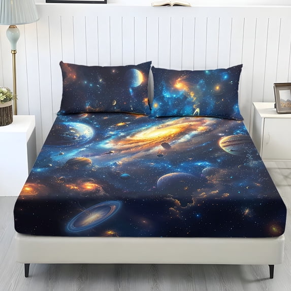 Qpednta Galaxy Sheets Set 3 Pieces Bedding Sets 1 Fitted Sheet with 2 Pillowcases Machine Washable Fitted Sheet Comfortable Bed Sheets Washable Bedding Set for Dorm Apartment