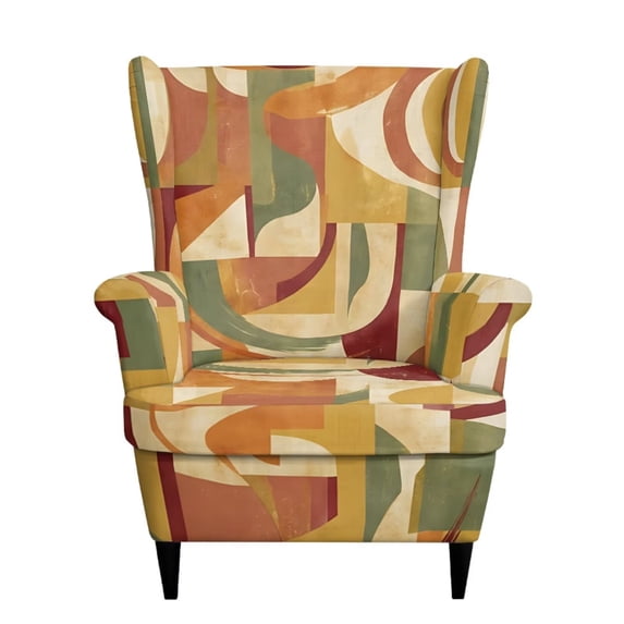 Qpednta Geometric Abstract Wingback Chair Covers Removable Armchair Slipcover 2-Pack Set Wing Chair Slipcover with Separate Cushion Non Slip Polyester Furniture Protector for Rental House