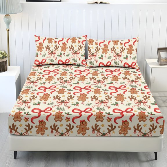 Qpednta Gingerbread Bow Sheets Set, 3 Pieces Bedding Sets 1 Fitted Sheet with 2 Pillowcases, Breathable Fitted Sheet for Home Hotel Decor