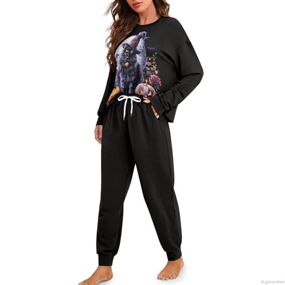 Qpednta Gothic Cat Pajamas for Women O‑Neck Long Sleeve 2‑Piece Sleep Set Comfy Stretchy Breathable Top & Pants Side Pockets for Spring Fall Indoor Rest Time