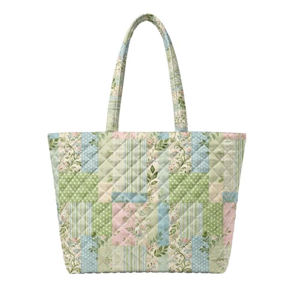 Qpednta Green Floral Patch Quilted Tote Bag, Personalized Quilted Handbag, Soft Foldable Large Quilted Shoulder Tote Bag for Gym Weekend Getaway