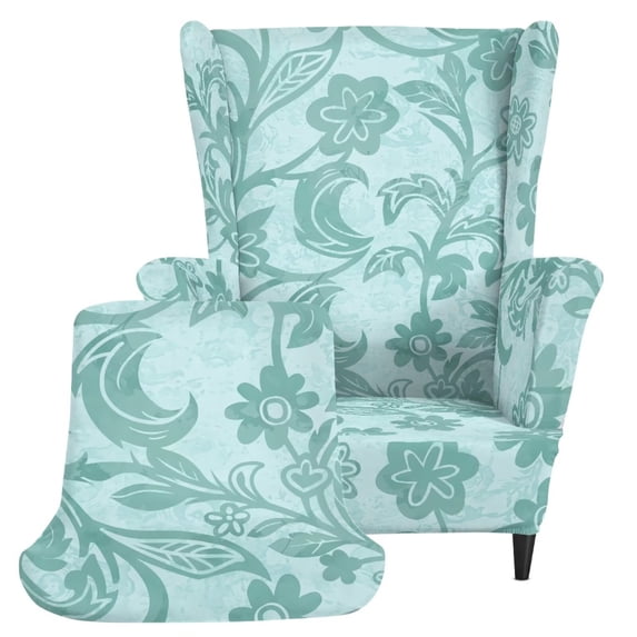 Qpednta Green Floral Wingback Chair Slipcovers, 2‑Piece Wingback Chair Slipcover for Leather Chair, Removable Furniture Protector for Wingback Chair for Farmhouse Home