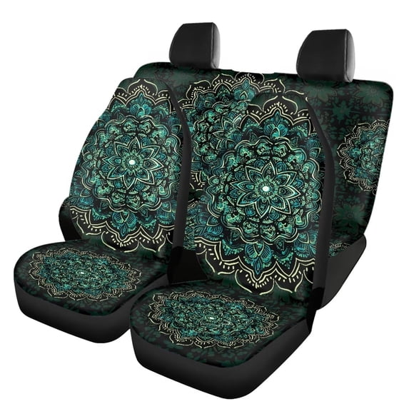 Qpednta Green Mandala Flower Automotive Seat Cover 4Pcs, Car with Front Drive Seat Cover and Rear Split Bench Cover, Auto Interior Decoration Fits most Cars, SUVs, and Trucks