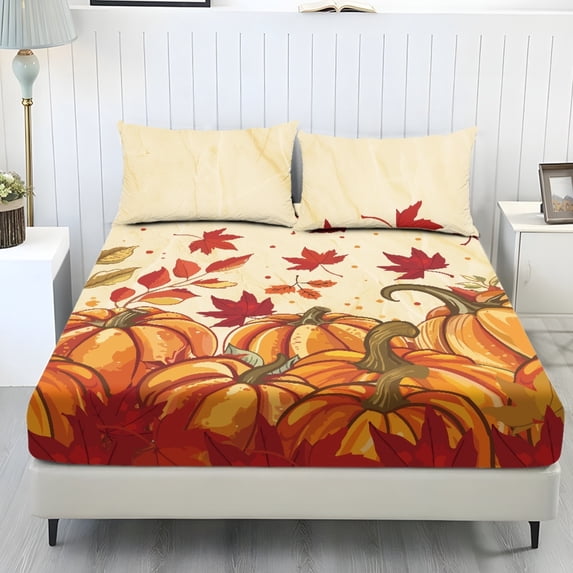 Qpednta Harvest Pumpkin Fitted Sheet Set, Soft Comfort 3 Piece Sheet Set with 1 Fitted Sheet and 2 Pillowcases, Fade‑Resistant Deep Pocket Bedding Set for Home Decoration