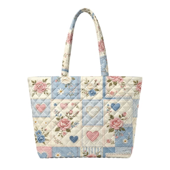 Qpednta Heart Patchwork Quilted Tote Bag, Fits 14" Laptop Quilted Work Tote Bag, with Zipper Nursing School Travel Tote Bags for Office Daily Use