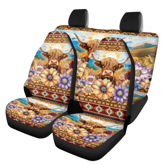 Qpednta Hippie Flower Car Seat Covers Full Set 4 Pcs Front Seats and Rear Bench Cover Protector Highland Cow Removable Automotive Accessories Easy to Install Universal Fit Most Cars