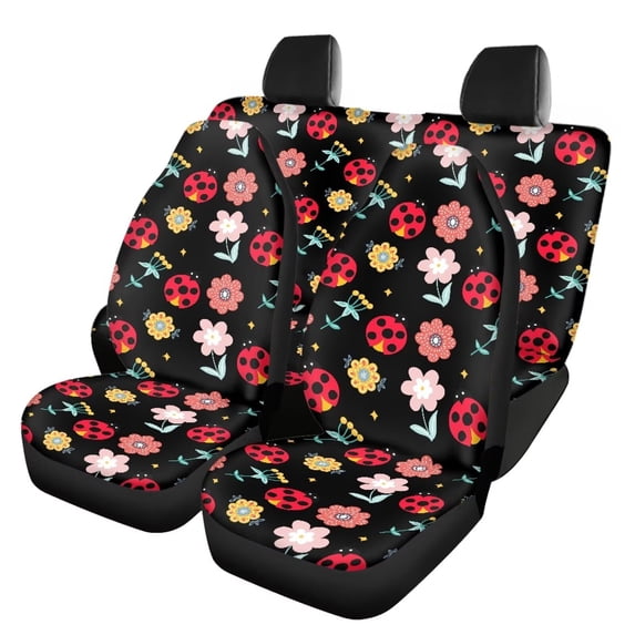 Qpednta Ladybug Flower Car Seat Cover Auto Accessories Interior 4Pcs, Front Seat Protector, Auto Seat Rear Split Bench Cover Universal Automotive Seat Cover Accessories