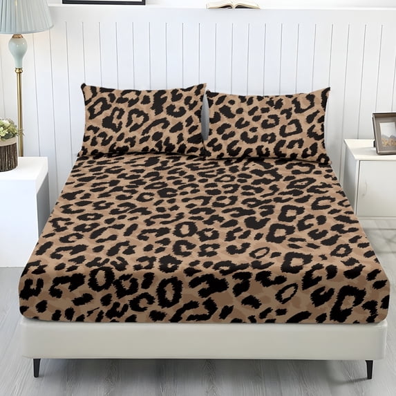 Qpednta Leopard Print Fitted Sheet Set, Comfortable Breathable 3 Piece Sheet Set with 1 Fitted Sheet and 2 Pillowcases, Deep Pocket All‑Season Bedding Set for Student Dorm Bedroom