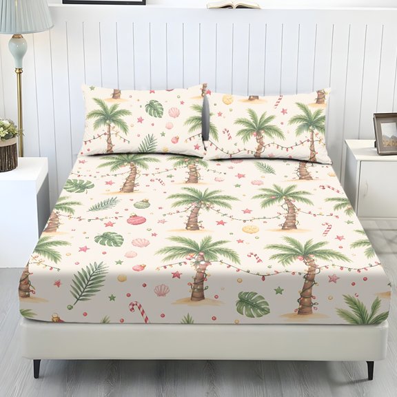 Qpednta Palm Tree Fitted Sheet Set, Wrinkle‑Resistant Deep Pocket 3 Piece Sheet Set with 1 Fitted Sheet and 2 Pillowcases, Soft Washable Bedding Set for Dorm Apartment