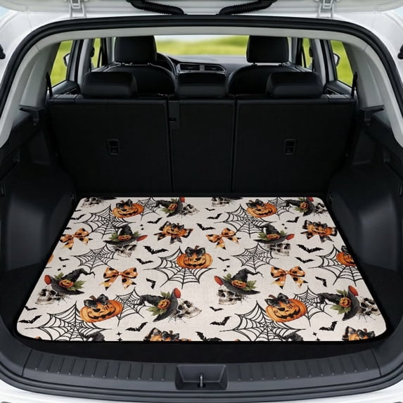 Qpednta Pumpkin Cobweb Cargo Liner 29"x39" All Weather Trunk Mat for SUV, Polyester Carpet Non-Slip Backing Machine Washable Water Resistant Rear Trunk Protector Universal Fits Sedan Truck
