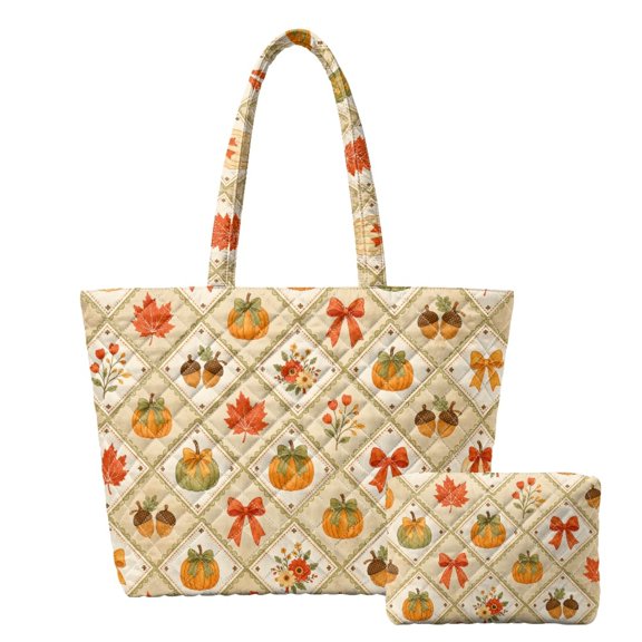 Qpednta Pumpkin Patch Quilted Tote Bag for Women Large Capacity Quilted Puffer Tote Bag Soft Polyester Fabric 14”Computer Shoulder Handbag Purses for Office Daily Use