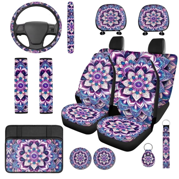 Qpednta Purple Mandala Car Seat Covers Full Set 14 Pack with Steering Wheel Cover Center Console Cover Head Rest Protector Car Seat Belt Cover Universal Fit for Auto Truck Van SUV