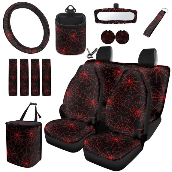 Qpednta Red Spider Web Car Seat Covers Set 15Pcs Accessories, Steering Wheel Cover, Seat Belt Pads, Garbage Can, Car Coasters, Vent Organizer, Rear View Mirror Cover, for Most Cars