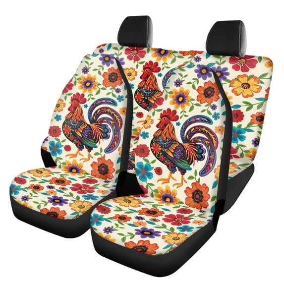 Qpednta Rooster Floral Seat Covers Full Set Breathable Front and Rear Split Bench for Cars Anti-Slip Back Fabric All-Season Protection Automotive Seat Covers Fit for Most Cars