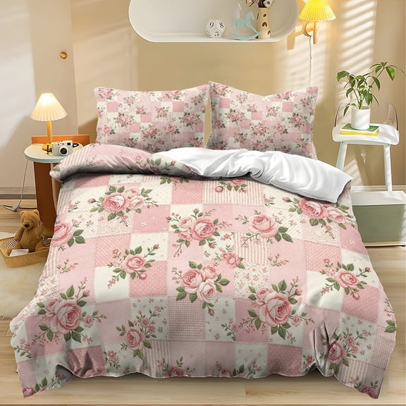 Qpednta Rose Patchwork Duvet Cover Set, Breathable Bedding Comforter Cover, Soft Bedding Set, 3 Pieces Full Bedding Comforter Sets, Bedroom Decor for Guest Room Dormitory