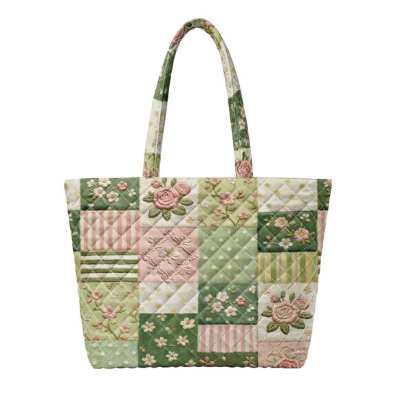 Qpednta Rose Patchwork Quilted Tote Bag for Women, Puffy Quilted Shoulder Bag, Women's Tote Handbags, Lightweight Nursing School Travel Tote Bags, Fade Resistant Teach Tote Purse