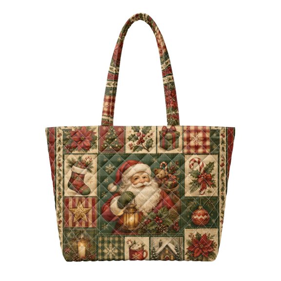 Qpednta Santa Claus Patch Quilted Tote Bag, Lightweight Quilted Work Tote Bag, Fade Resistant Puffy Quilted Shoulder Bag, for Gym Casual Outing