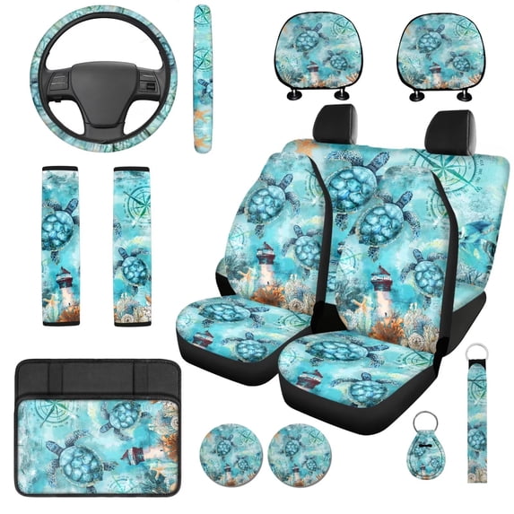 Qpednta Sea Turtle 14 Pack Automobile Seat Cover Sets Steering Wheel Cover and Cars Headrest Cover Car Console Cover Cars Water Cup Coaster Keychain Soft Elastic Fabrics Fit for Car SUV
