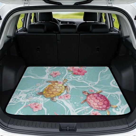 Qpednta Sea Turtle Car Trunk Liner 29"x39" All Weather Cargo Mat for SUV, Polyester Carpet Non-Slip Backing Machine Washable Water Resistant Universal Rear Trunk Protection Fits Sedan Truck