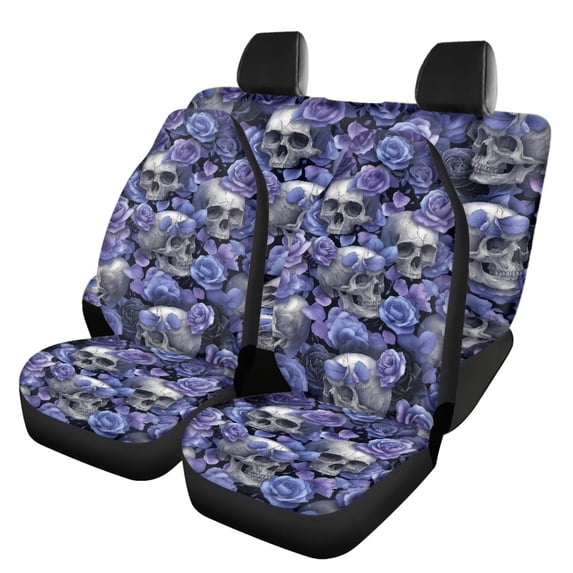 Qpednta Skull Flower Car Seat Covers Sets 4 Pack Vehicle Seat Protector Front and Rear Split Bench for Cars Easy to Install Accessories Auto Trucks Van SUV