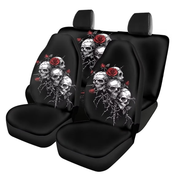 Qpednta Skull Rose Car Seat Covers Sets 4Pcs Front Seat Protector Carseat Rear Split Bench Cover Universal Vehicle Seat Protector Fit Most Car Truck SUV