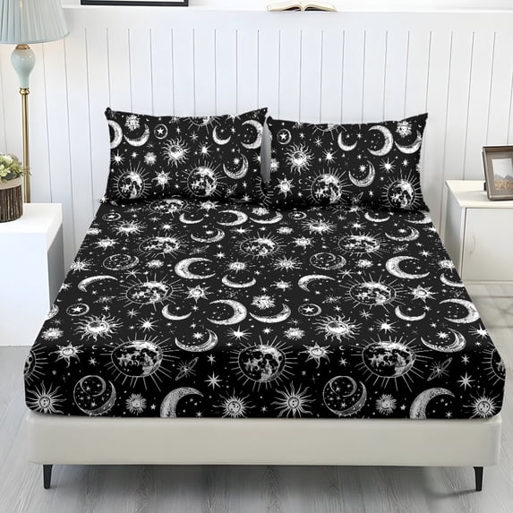 Qpednta Sun Moon Star Sheets Set 3 Piece Sheet Set with 1 Fitted Sheet and 2 Pillowcases Soft Bedding Set with Deep Pocket Fitted Sheet Washable Bed Sheets for Bedroom Decor